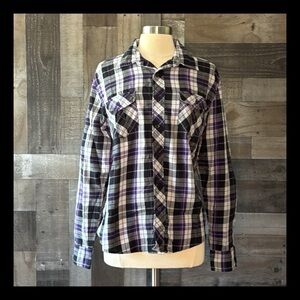 OP flannel button up shirt boys XXLarge black purple gray plaid skater fall